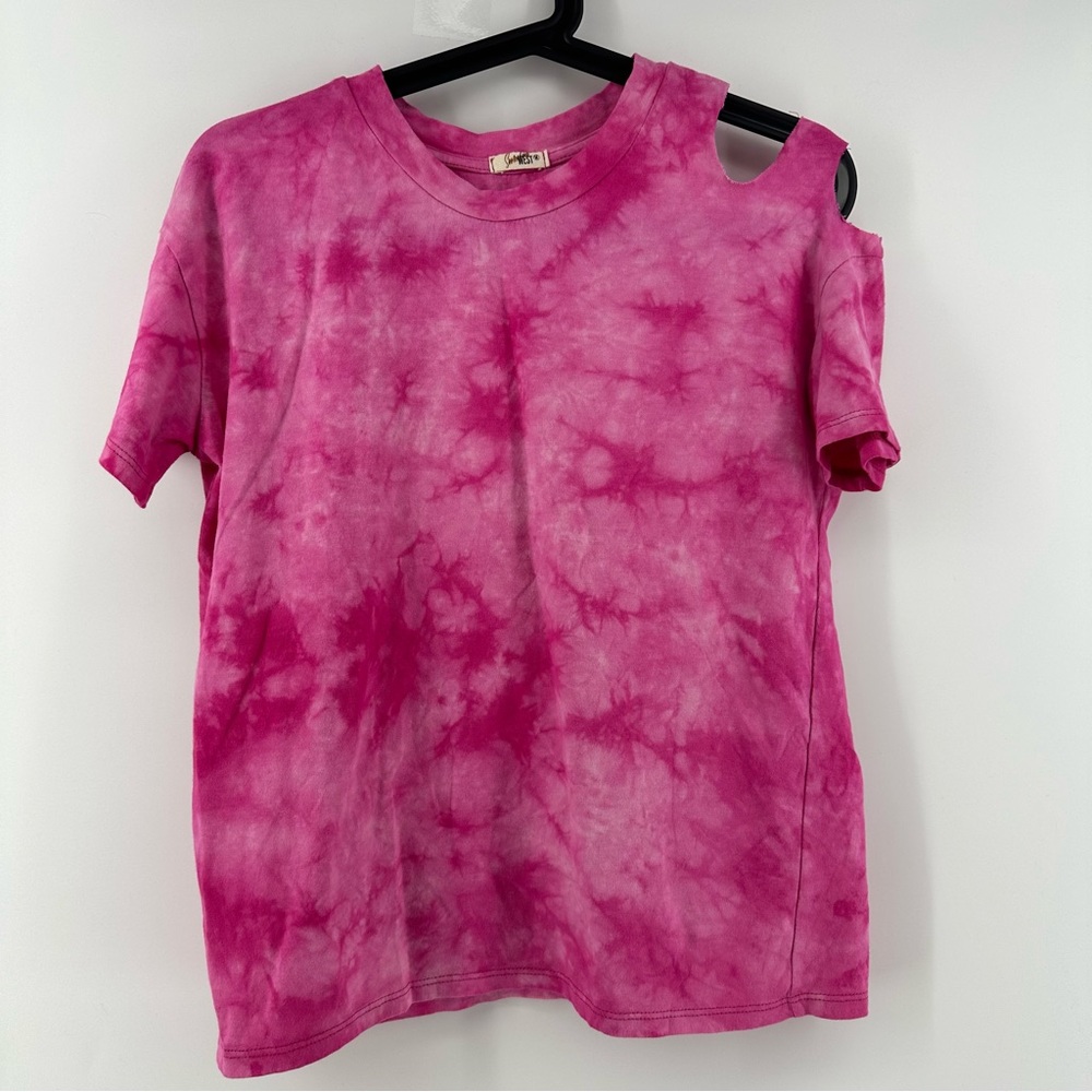 Somewhere West Tie Dye Pink Shirt Ripped Shoulder